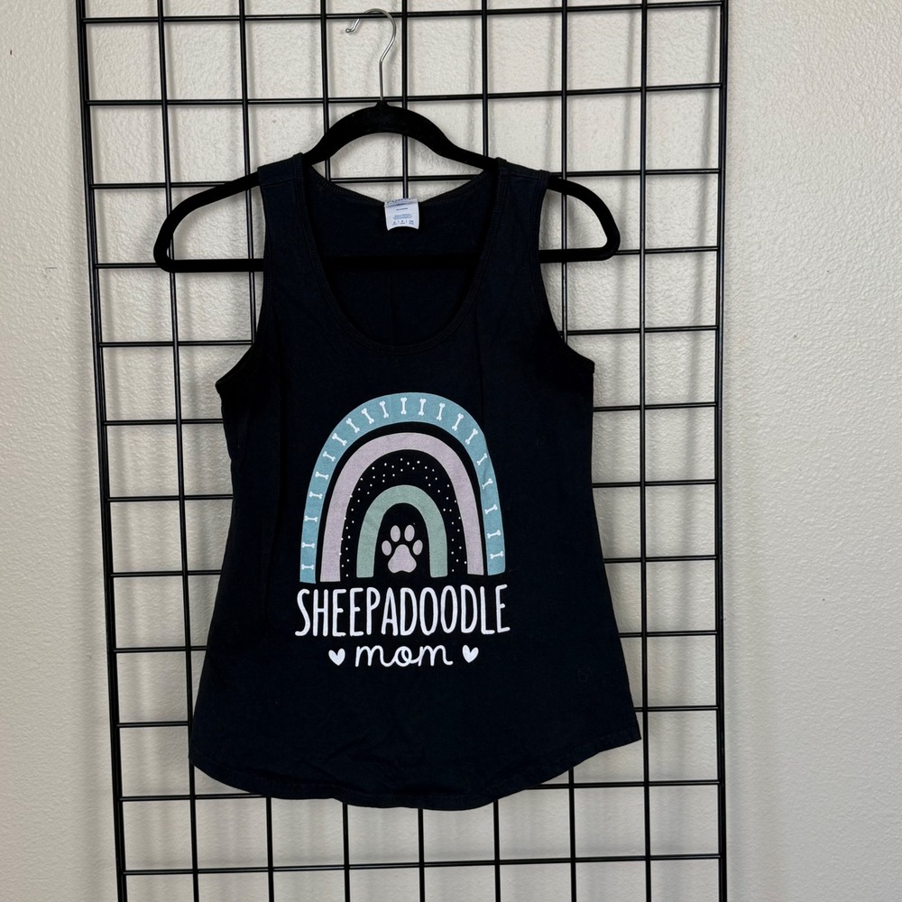 Port & Company Sheepadoodle Mom Tank Top Women Small Black Rainbow Graphic